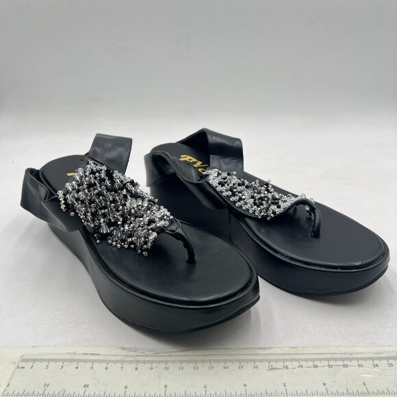FYS Black Toe Post Slide Sandals Platform Flip Flops Beaded Thong Strap Mules - Picture 4 of 8